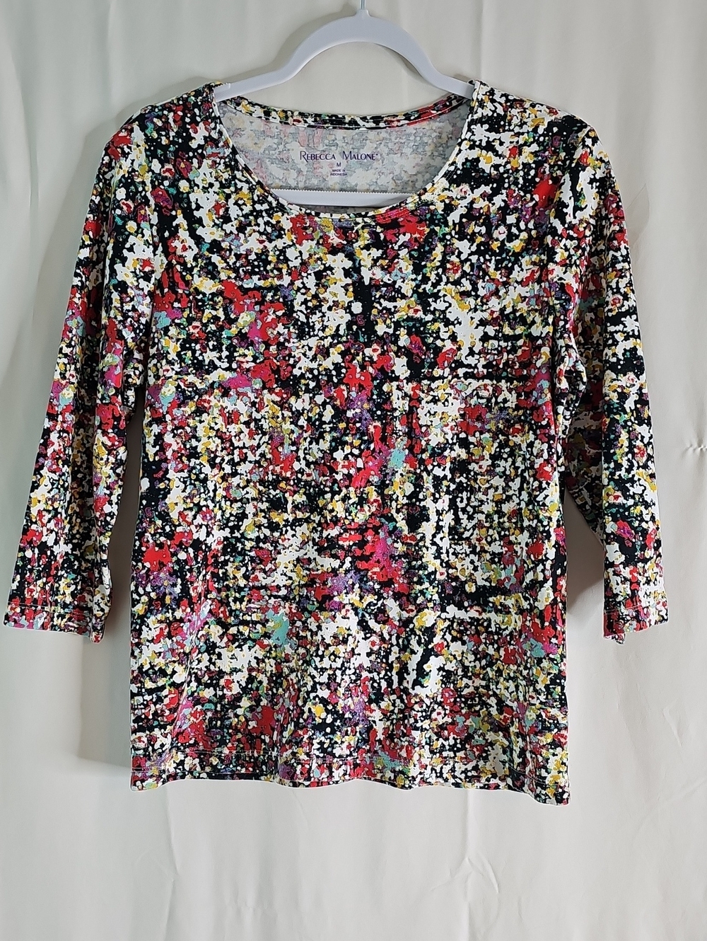Rebecca Malone Multicolor Abstract Print Scoop Neck 3/4 Sleeve Top